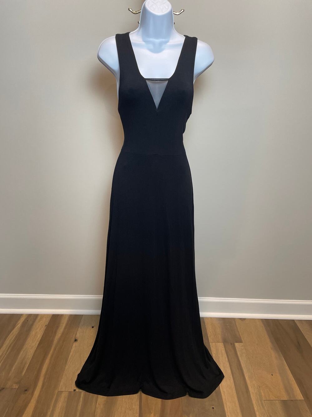 Monteau Black Maxi Dress V Neck Sheer Accent Racerback NWT Size S